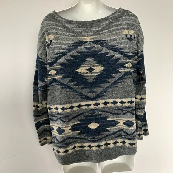RALPH LAUREN Cotton Southwest Tribal Print Pullover Sweater blues greys cream M - Picture 4 of 14